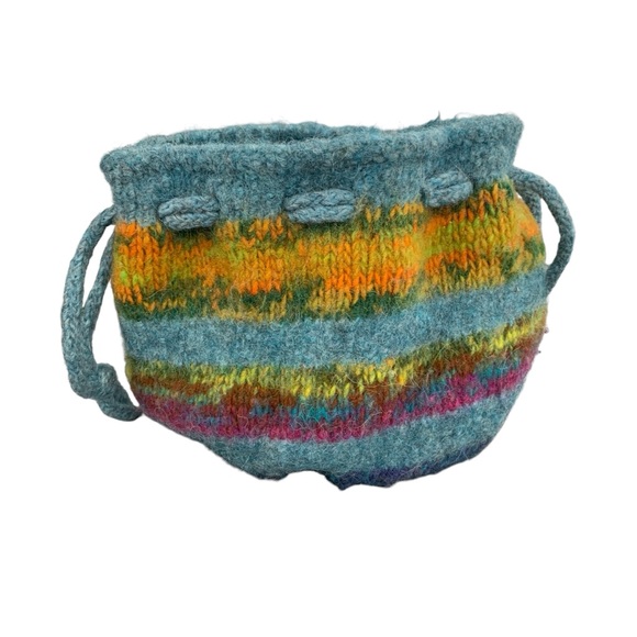Vintage Wool Shoulder Bag Bucket Drawstring Tote‎ Blue Purple Orange Yellow - Picture 1 of 10